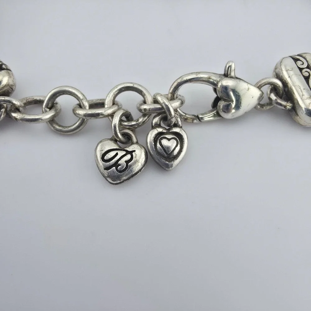 BRIGHTON 'Reno Heart' Charm Bracelet Pavé Crystals Scrollwork Silver Plate 7.5